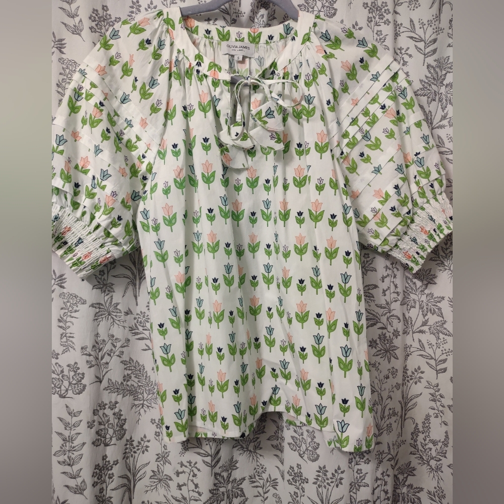 Floral Print Blouse with Green and Pink Accents 100% Cotton